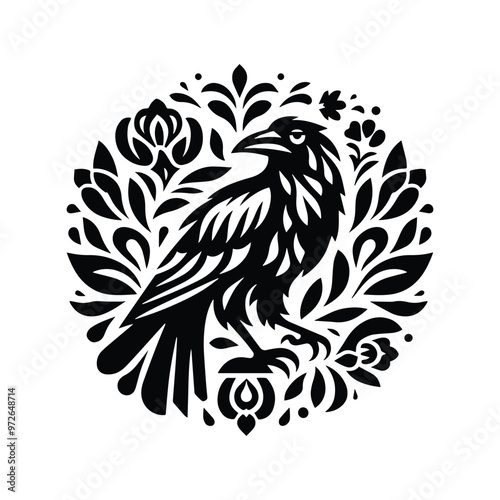 raven bird in folk art black and white silhouette illustration
