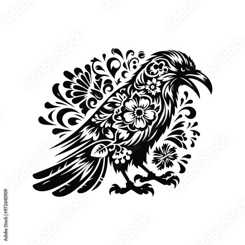 raven bird in folk art black and white silhouette illustration
