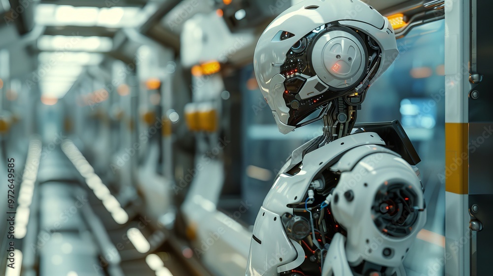 A sleek, white humanoid robot stands confidently aboard a futuristic bullet train, representing a glimpse into the future of transportation and human-robot interaction A sleek, white humanoid robot stands confidently aboard a futuristic bullet train, representing a glimpse into the future of transportation and human-robot interaction