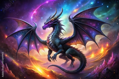 Mystical black dragon with iridescent purple scales, fiery eyes, and sweeping wings, set against a vibrant, cosmic photo