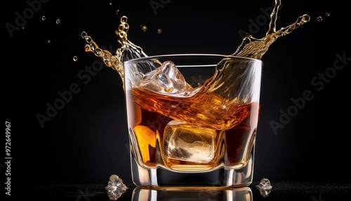 glass of splashing whiskey or other alcohol with ice cube isolated on black background