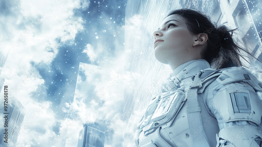 A stunning warrior woman in sleek, futuristic white armor, set against a backdrop of towering skyscrapers and expansive, airy clouds.
A stunning warrior woman in sleek, futuristic white armor, set against a backdrop of towering skyscrapers and expansive, airy clouds.