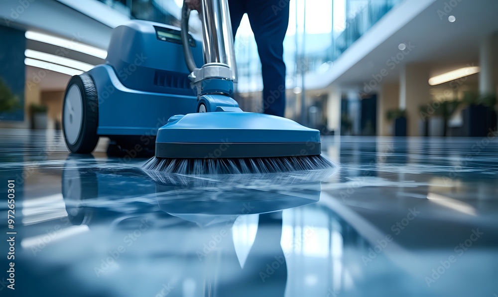 Close-up of a floor scrubber cleaning a tiled floor in a commercial building. Close-up of a floor scrubber cleaning a tiled floor in a commercial building.