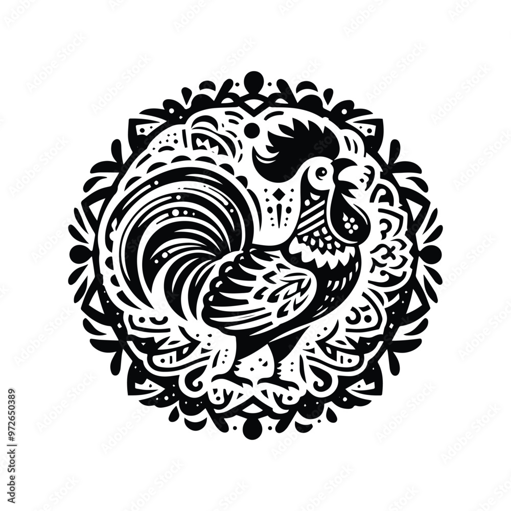 Rooster bird in bohemian black and white silhouette illustration Rooster bird in bohemian black and white silhouette illustration