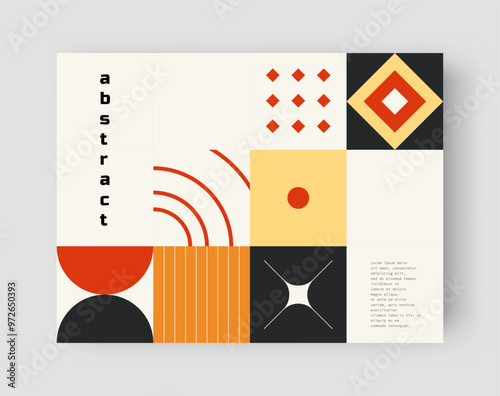 Neo geo poster. Abstract color card. Minimal figures collage. Bright squares. Flat stars and circles. Bauhaus block shapes. Modern geometric composition. Triangle forms. Vector brutalist banner design