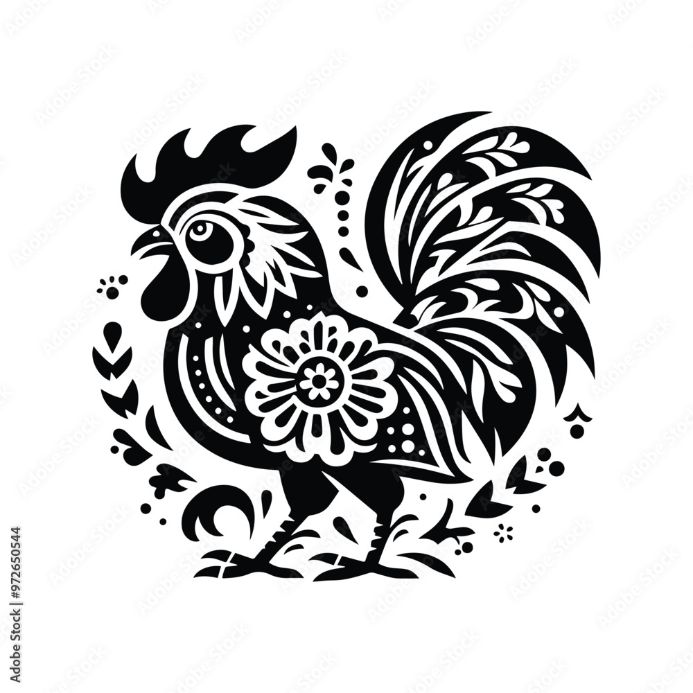 Fototapeta premium Rooster bird in folk art black and white silhouette illustration