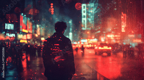 A lone man walking at night in New York City, surrounded by neon lights and reflections on wet streets, evoking a moody, urban atmosphere.