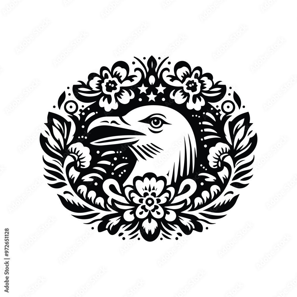 Seagull bird in folk art black and white silhouette illustration Seagull bird in folk art black and white silhouette illustration
