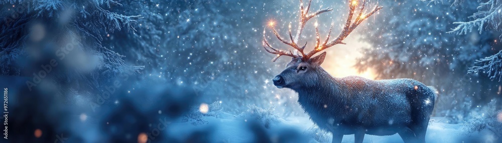 A serene winter scene featuring a majestic reindeer in a snowy forest, illuminated by soft lights and a magical atmosphere. A serene winter scene featuring a majestic reindeer in a snowy forest, illuminated by soft lights and a magical atmosphere.