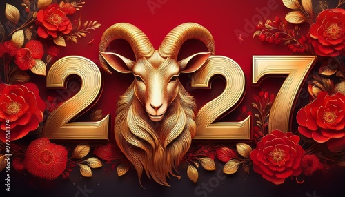 Chinese Year of the Goat 2027, Fire Goat, Happy New Chinese Year, Golden Goat with Red Flowers