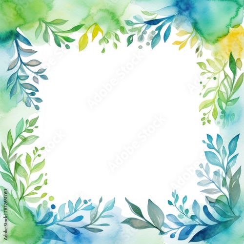 Elegant Green Leafy Watercolor Background. Nature Inspired Botanical Frame with Soft Gradient