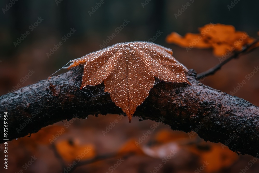 Fototapeta premium A close-up shot of a single autumn leaf covered in dew, delicately resting on a branch, capturing the essence of a serene, misty morning in the forest.