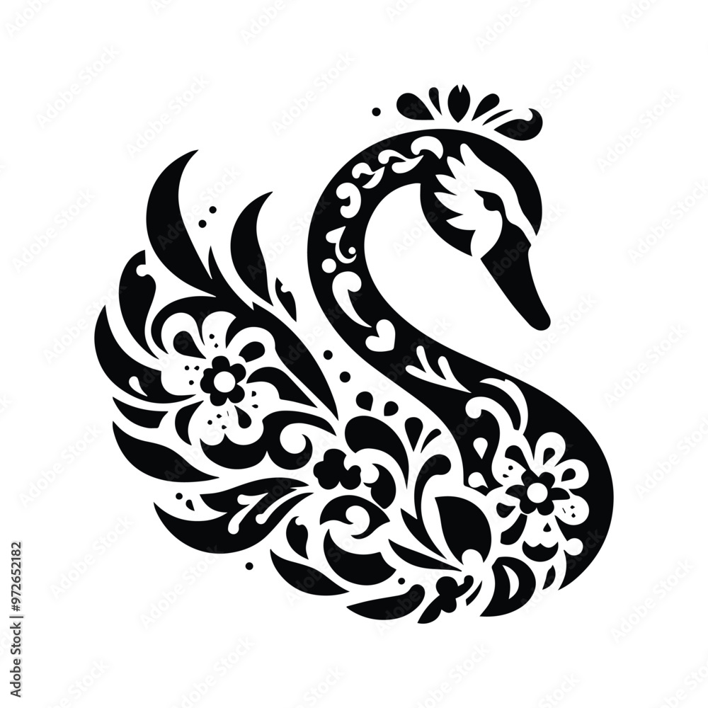 Fototapeta premium Swan bird in folk art black and white silhouette illustration