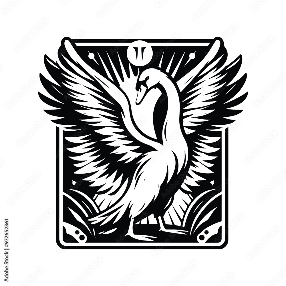 Obraz premium Swan bird in Tarot card black and white silhouette illustration
