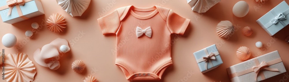 A cute baby onesie with a bow, surrounded by colorful gifts and decorations, perfect for baby showers and new arrivals. A cute baby onesie with a bow, surrounded by colorful gifts and decorations, perfect for baby showers and new arrivals.