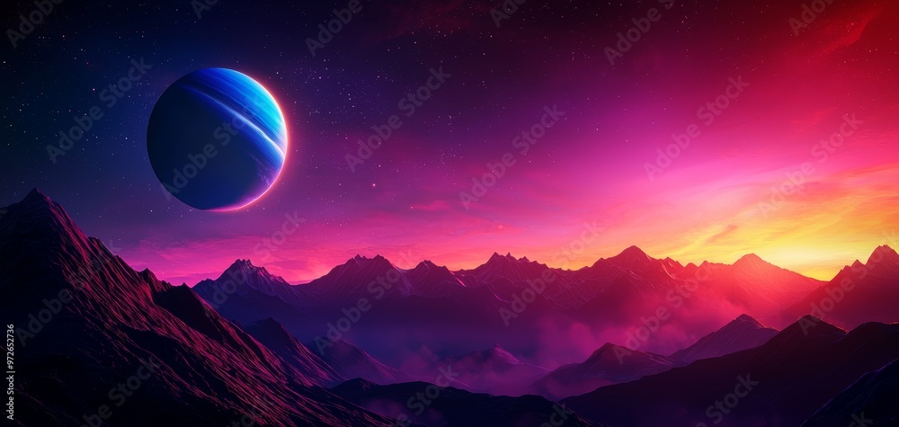 Stylized alien planet with colorful mountains and a massive ringed planet in the sky, surreal and vibrant, otherworldly landscape, alien horizon Stylized alien planet with colorful mountains and a massive ringed planet in the sky, surreal and vibrant, otherworldly landscape, alien horizon