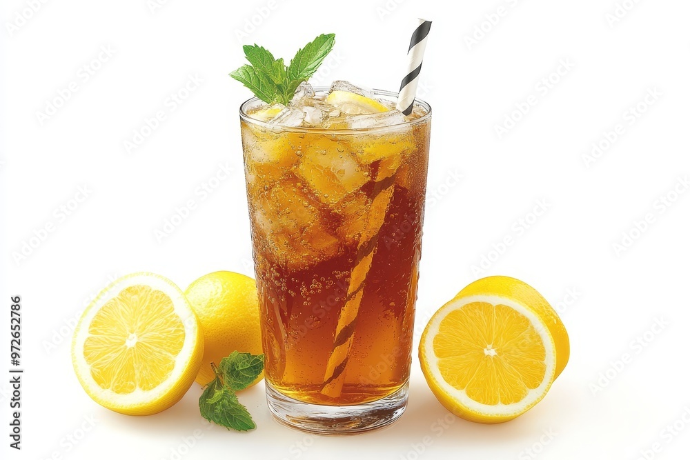 Refreshing Iced Tea with Lemon Slices, Ice Cubes and Mint A Classic Summertime Beverage.