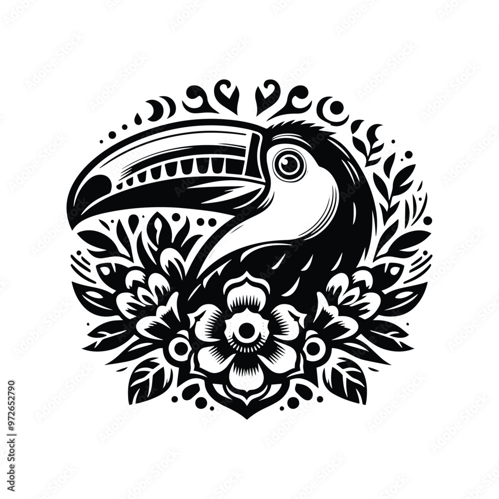 Toucan bird in folk art black and white silhouette illustration Toucan bird in folk art black and white silhouette illustration