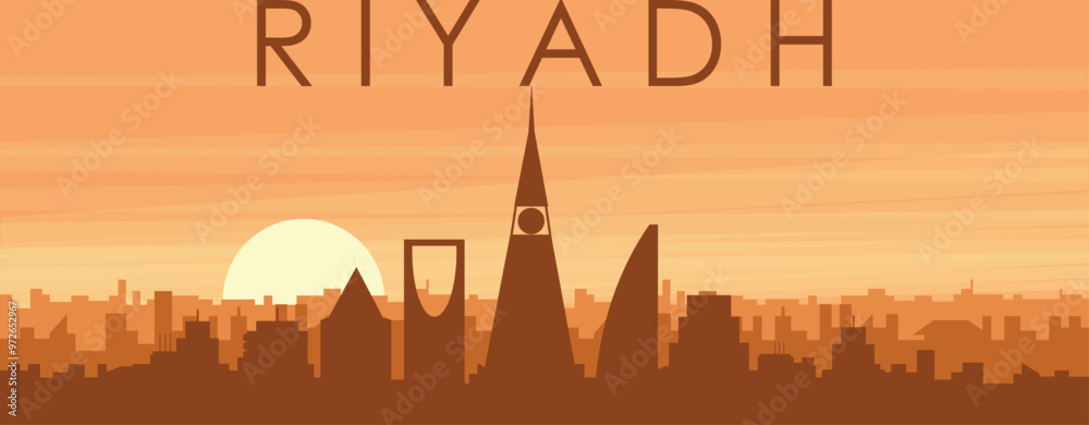 Brown panoramic poster of the city skyline with misty background buildings, sunrise, clouds and mountains of RIYADH, SAUDI ARABIA Brown panoramic poster of the city skyline with misty background buildings, sunrise, clouds and mountains of RIYADH, SAUDI ARABIA