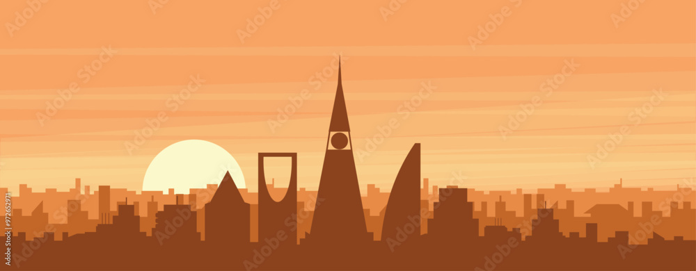 Brown panoramic poster of the city skyline with misty background buildings, sunrise, clouds and mountains of RIYADH, SAUDI ARABIA Brown panoramic poster of the city skyline with misty background buildings, sunrise, clouds and mountains of RIYADH, SAUDI ARABIA