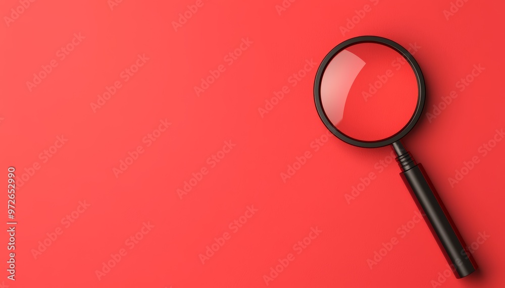 Magnifying glass over bullseye target, red background, sharp focus, 3D illustration Magnifying glass over bullseye target, red background, sharp focus, 3D illustration