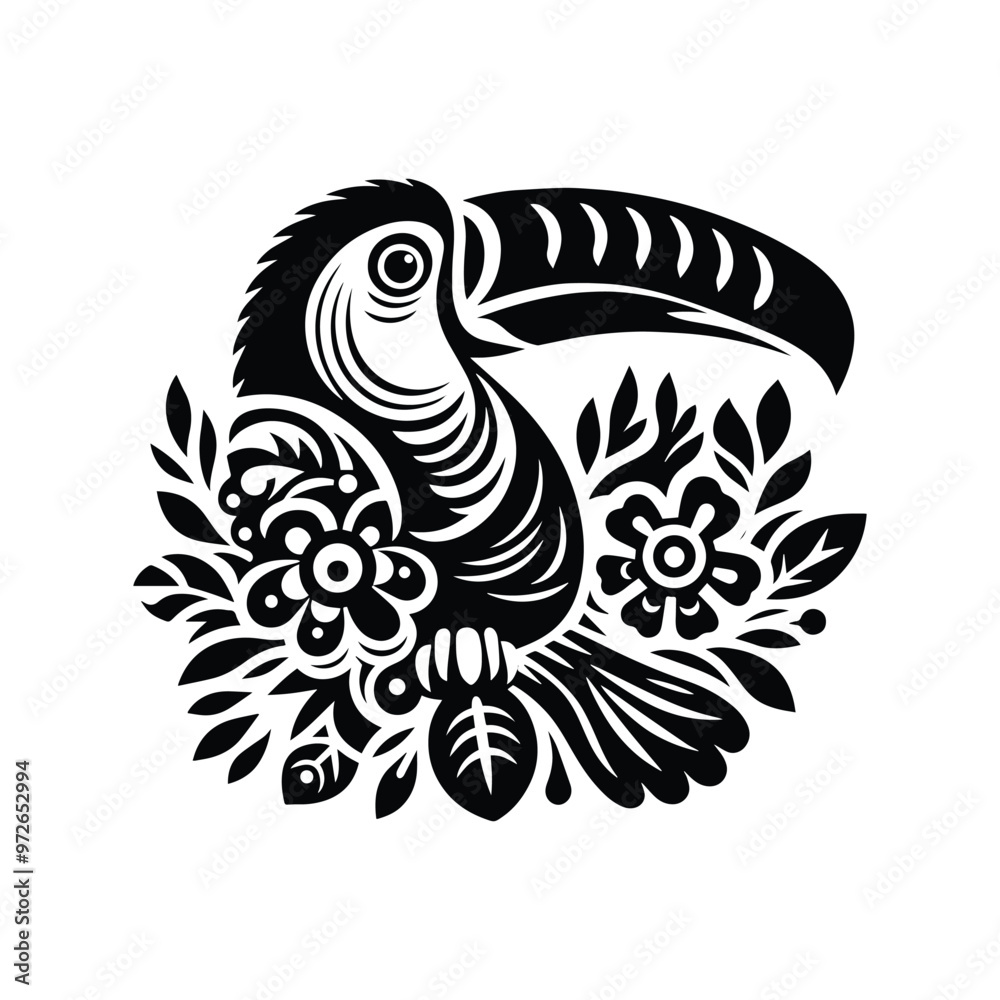 Obraz premium Toucan bird in folk art black and white silhouette illustration