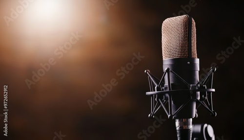 High-quality studio microphone with attached pop filter, minimal lighting, perfect for podcast, vocal recording, or music production photo