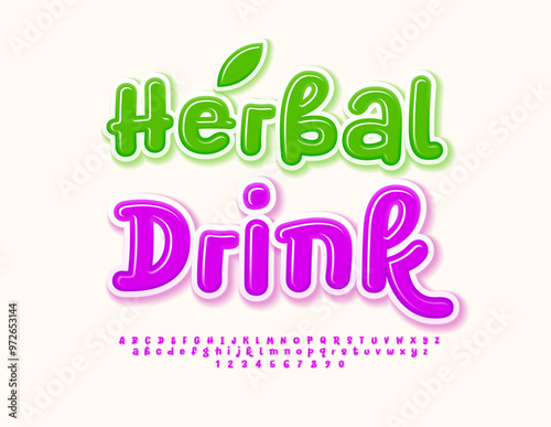 Vector advertising Poster Herbal Drink. Funny Violet Font. Playful Alphabet Letters and Numbers set.