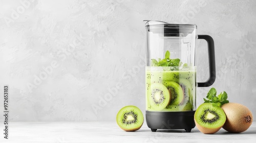 Modern kitchen blender with kiwi and green fruits, fresh ingredients ready for a smoothie, vibrant and healthy lifestyle concept photo