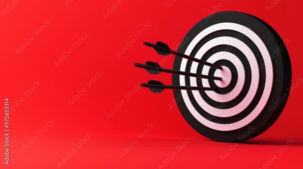 Precision target with arrows, magnifying glass effect, dynamic red backdrop, 3D illustration Precision target with arrows, magnifying glass effect, dynamic red backdrop, 3D illustration