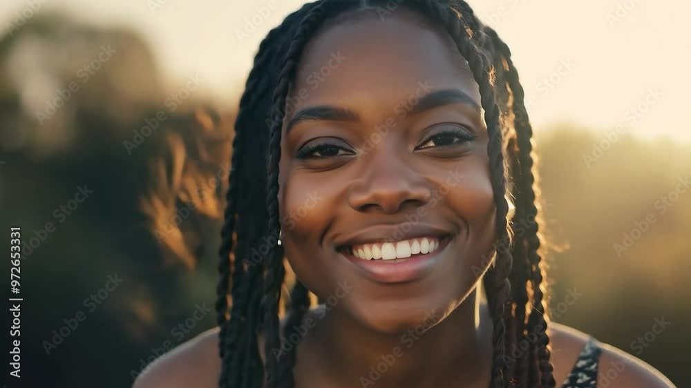 Young woman radiating joy while smiling in a golden hour setting Young woman radiating joy while smiling in a golden hour setting
