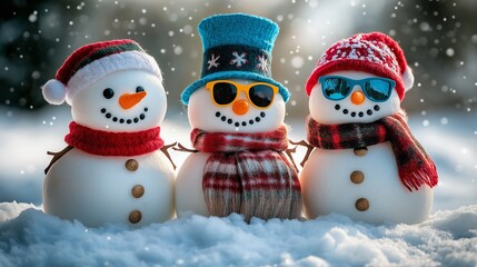 Three snowmen wearing sunglasses and hats are standing in the snow. The snowmen are wearing red and blue scarves