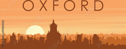 Brown panoramic poster of the city skyline with misty background buildings, sunrise, clouds and mountains of OXFORD, UNITED KINGDOM