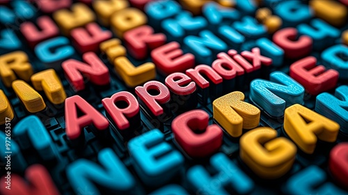 This image shows colorful alphabet blocks arranged to spell out the word 'Appendix', representing additional or supplementary information in a fun and playful manner.