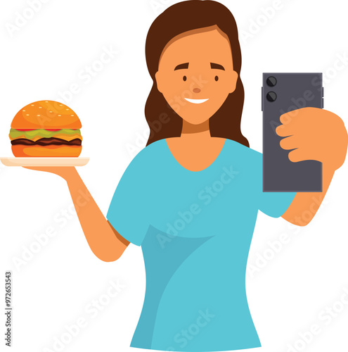 Young woman is holding a burger on a plate and taking a selfie with her smartphone