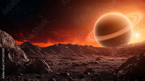 Sci-fi illustration of a vast alien world with a glowing ringed planet in the background, surrounded by rocky terrain, space adventure, cosmic exploration photo