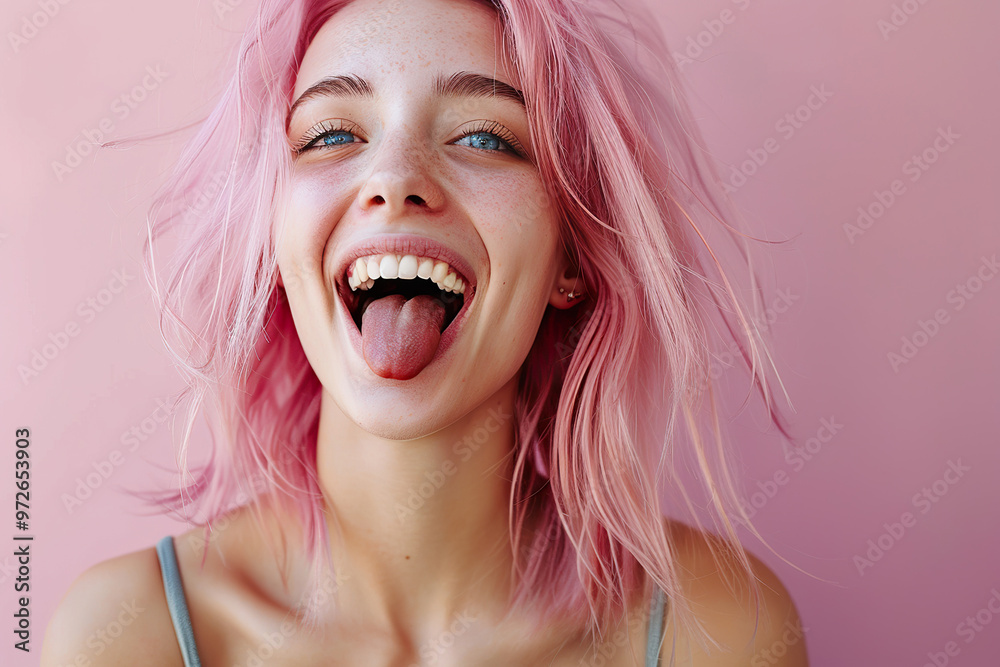 A woman with pink hair and blue eyes is smiling and sticking out her tongue,