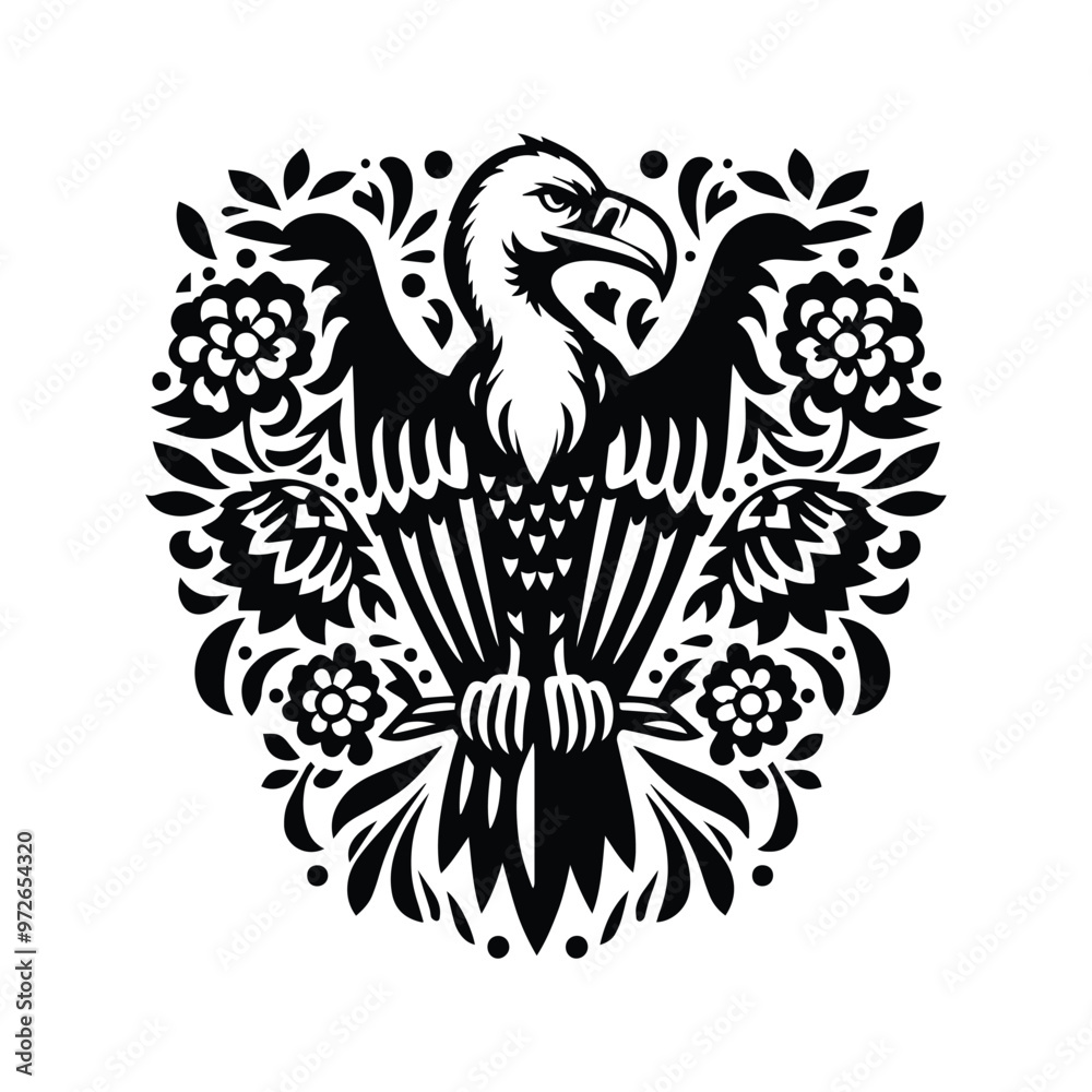 Obraz premium Vulture bird in folk art black and white silhouette illustration