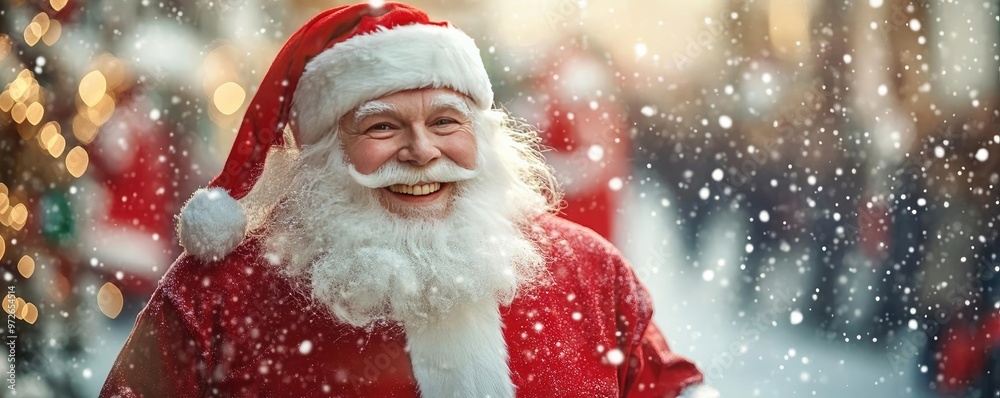 A cheerful Santa Claus enjoys a snowy outdoor celebration, spreading joy and holiday spirit in a festive winter scene. A cheerful Santa Claus enjoys a snowy outdoor celebration, spreading joy and holiday spirit in a festive winter scene.