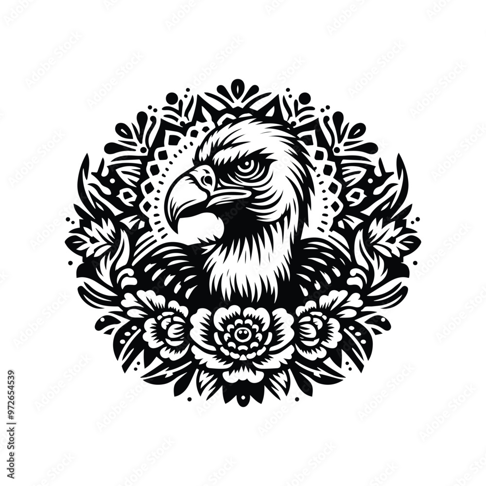 Fototapeta premium Vulture bird in folk art black and white silhouette illustration