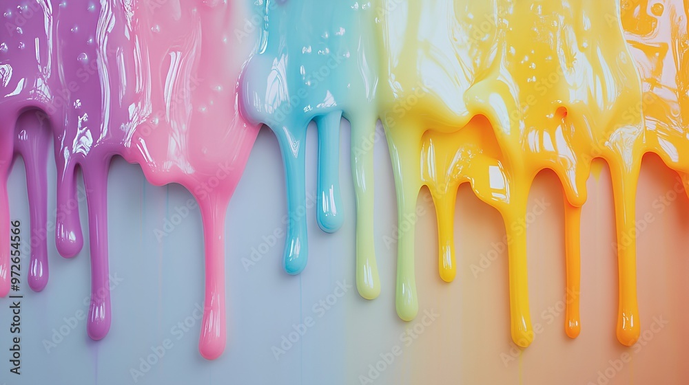 a colorful and artistic display of paint drips. The paint is arranged in a gradient from left to right, starting with purple, transitioning to pink, then blue, followed by light green, yellow, and fi a colorful and artistic display of paint drips. The paint is arranged in a gradient from left to right, starting with purple, transitioning to pink, then blue, followed by light green, yellow, and fi