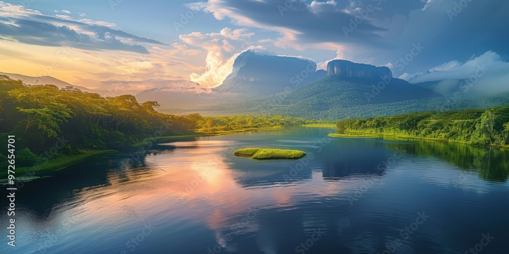 Lush green landscape with a river winding through a valley beneath a majestic mountain during a clear morning with clouds in the sky Lush green landscape with a river winding through a valley beneath a majestic mountain during a clear morning with clouds in the sky