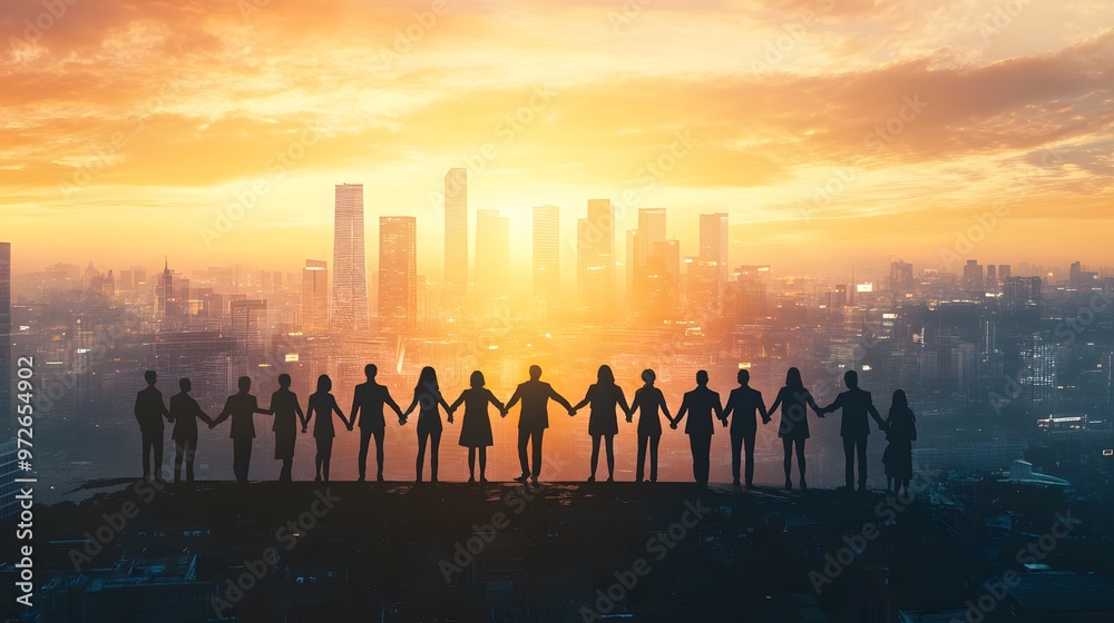 Silhouettes of people holding hands against a cityscape skyline at sunset Silhouettes of people holding hands against a cityscape skyline at sunset