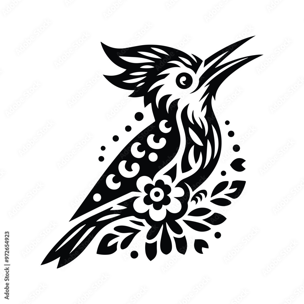 Obraz premium Woodpecker bird in folk art black and white silhouette illustration