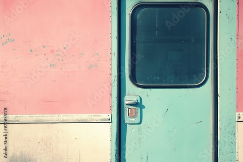 Retro bus door with colorful panels and vintage texture