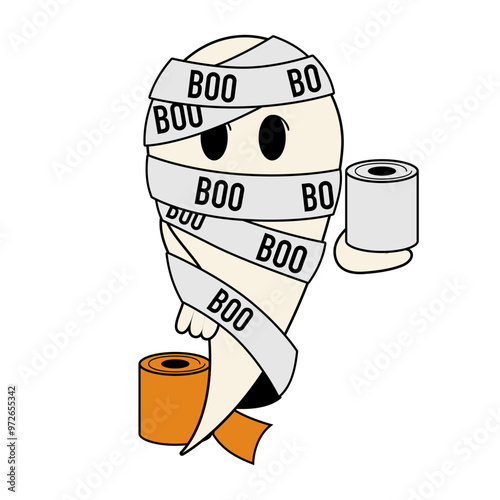 Cute mummified ghost wrapped in boo tape holding toilet paper
