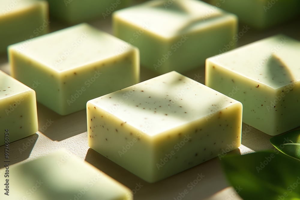 Handmade green soap bars arranged neatly, showcasing natural ingredients and soothing aesthetics in soft lighting. Handmade green soap bars arranged neatly, showcasing natural ingredients and soothing aesthetics in soft lighting.