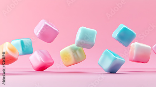 A collection of pastel colored cubes appearing to float in mid-air against a soft gradient background, giving a light, playful feel. photo