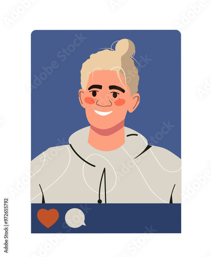 Social media avatar. Beautiful woman with blonde hairs. Users profile in social networks and messengers. Graphic element for website. Flat vector illustration isolated on white background