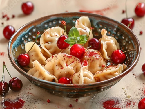 Delicious cherry dumplings served in a decorative blue bowl garnished with fresh mint leaves, showcasing a delightful combination of flavors in a vibrant culinary presentation